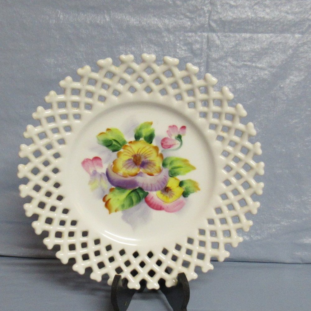 Vintage Kelvin's Decorator Hanging Wall Plate with Pansies & Lattice Edge